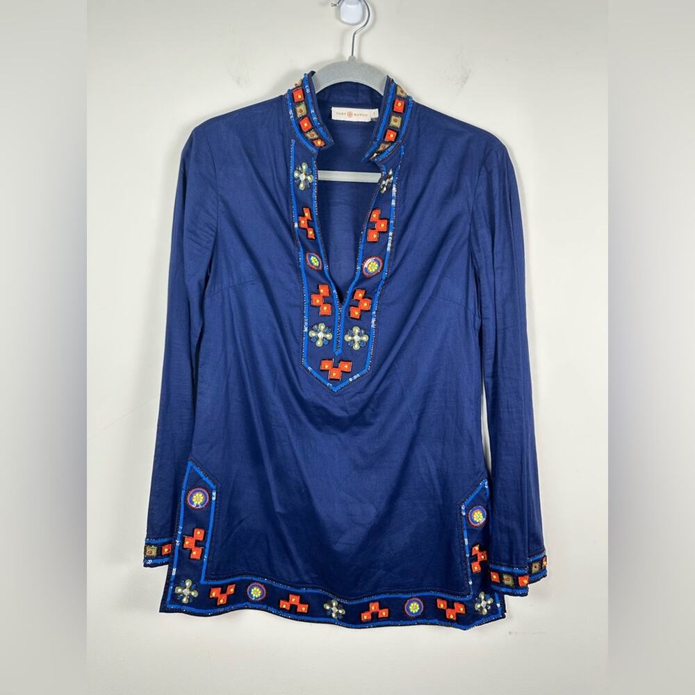 Tory Burch Navy Blue Embroidered Tunic with Orange & Yellow Accents